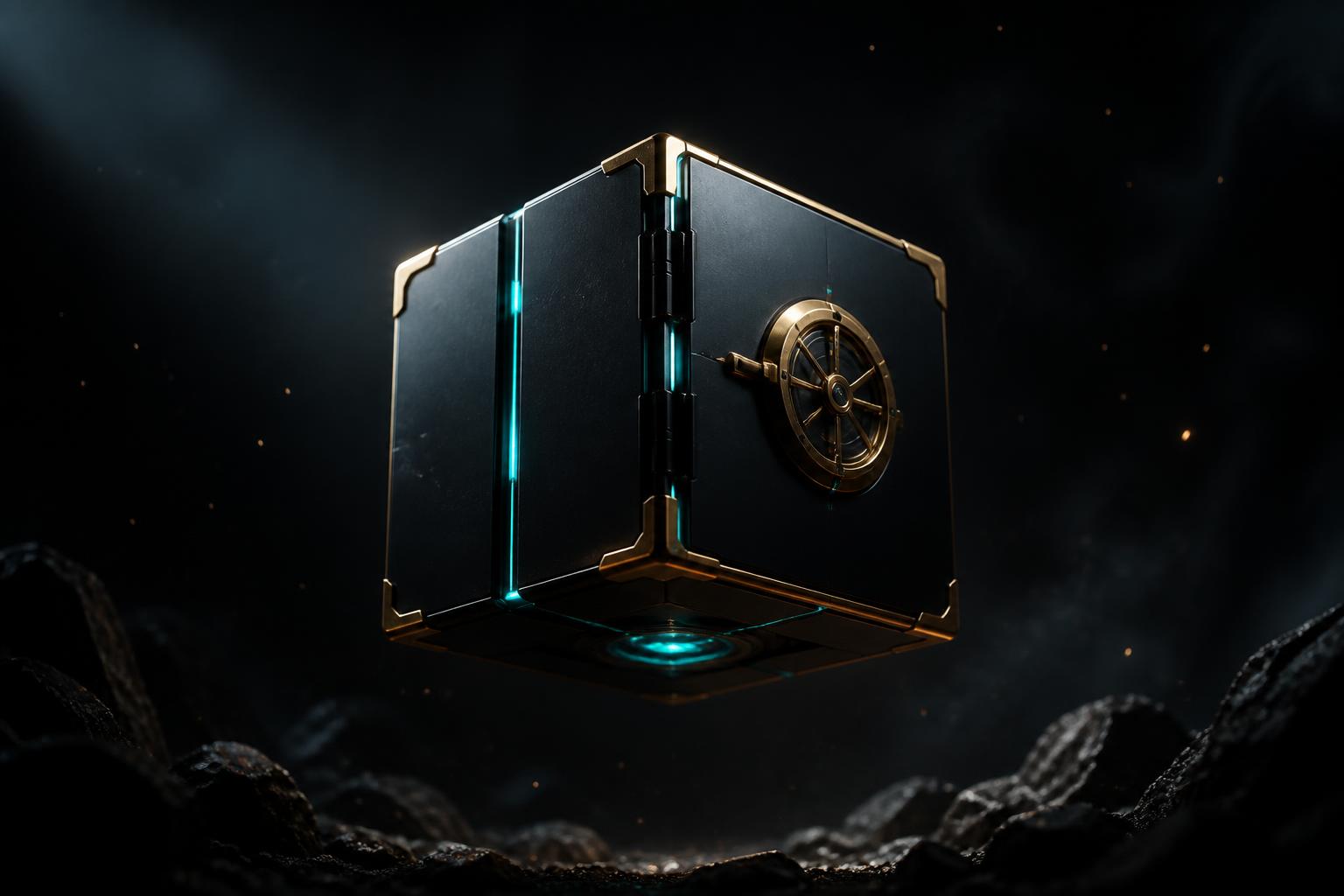 A neon-lit luxury vault door in a dark chamber